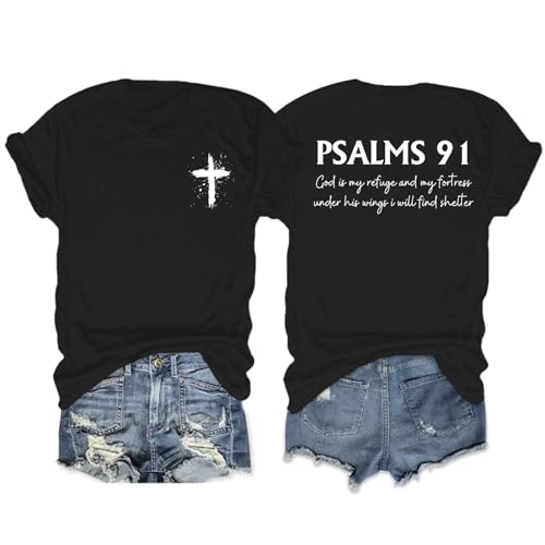 Christian Shirts for Women Psalms 91 Jesus Shirt Religious Faith God Tshirt Bible Verse Inspirational Tees Tops - color: Black, size: Small