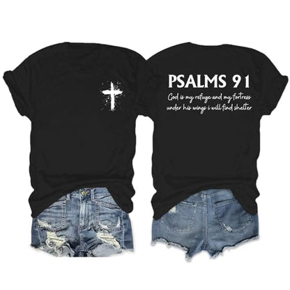 Christian Shirts for Women Psalms 91 Jesus Shirt Religious Faith God Tshirt Bible Verse Inspirational Tees Tops - color: Black, size: Small