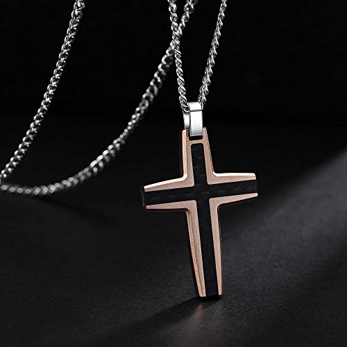 Men's Stainless Steel Cross Necklace,Two-Tone Black & Blue Carbon Fiber Pendant - Included Gift Box - style: Black & Rose Gold XL001