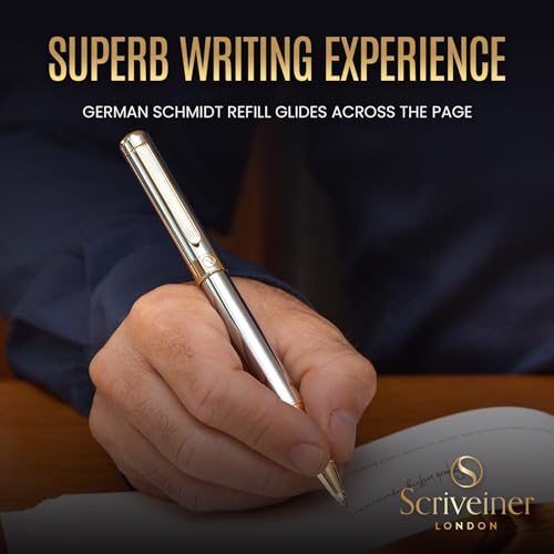 Scriveiner Silver Chrome Rollerball Pen - Stunning Luxury Pen, Real Gold Plating, Schmidt Ink Refill, Best Roller Ball Pen Gift Set for Men & Women, Professional, Executive Office, Fancy Pens - color: 10. Silver Chrome with Gold