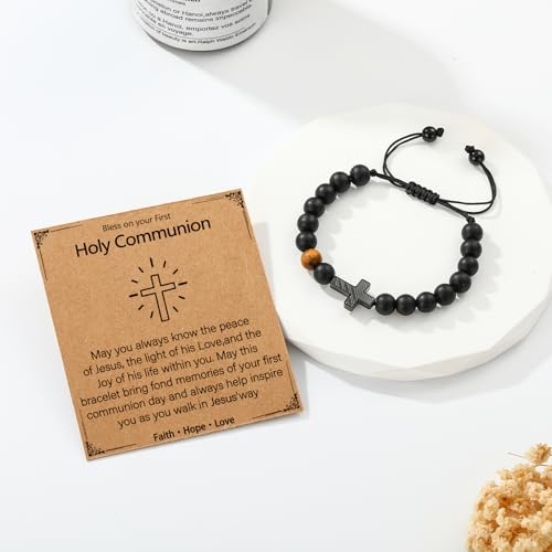 P. BLAKE Cross Bracelet for Boys Men, American Flag Cross Natural Beads Bracelet Christian Religious Birthday Jewelry Gifts for Teen Boys - style: First Communion