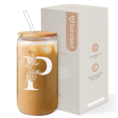 SANDJEST Monogrammed Gifts for Women - Monogram P Initial Glass Cup 16 Oz Can Coffee Cups with Lid and Straw - Monogram Initials Gifts for Womens on Birthday - color: Initial P