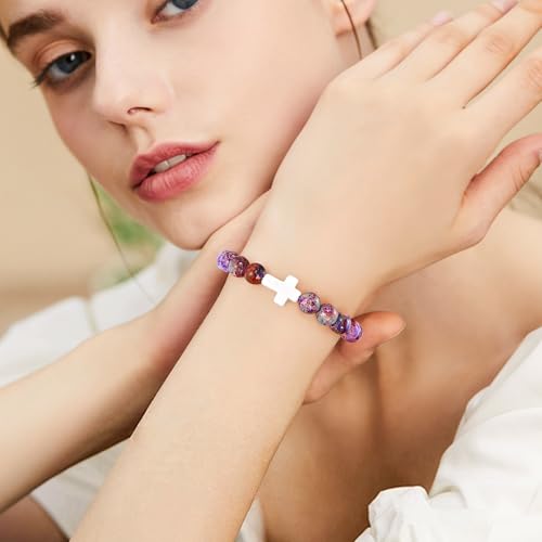 VIBILIA Cross Beaded Bracelets for Women, Birthday Gifts - color: D 1. Cross - Purple Imperial