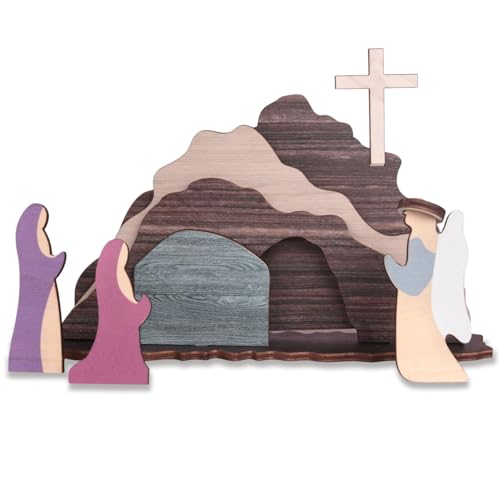 GLLBTPT Easter Decorations Empty Tomb Easter Scene and Cross,Handcrafted Wooden Easter Decorations Jesus for Home Tabletop Office (Scene C)