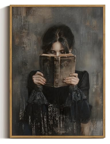 Dark Academia Lady Reading Framed Canvas Wall Art 12x16 inch - color: Black dress, size: 12"x16" Natural