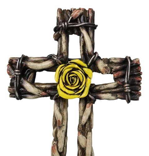 Ebros Gift Rustic Western Yellow Rose with Distressed Faux Wood and Barbed Wires Decorative Wall Cross Plaque Figurine Inspirational Home Accent