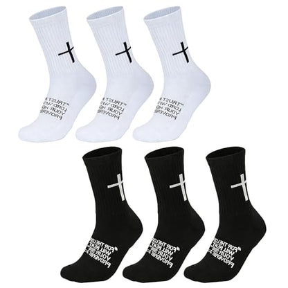 3 Pack Cross Grip Bible Verse Soccer Socks | Anti-Slip Religious Christian Sports Socks US 6-13 - color: White+black