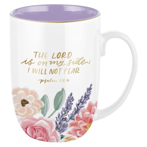 Christian Art Gifts Large Floral Ceramic Coffee Mug: Psalm 118:6 Bible Verse - color: Lord is on My Side/White & Purple Floral