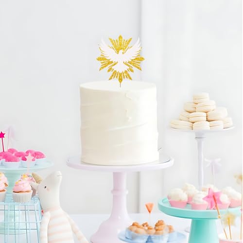 Holy Spirit Cake Topper, White Dove Cake Decor, Gold Glitter Baptism Cake Topper for Religious Baby Shower/Wedding Anniversary Party Decoration - style: Religious Dove