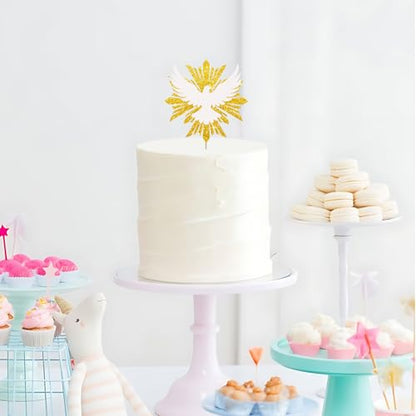 Holy Spirit Cake Topper, White Dove Cake Decor, Gold Glitter Baptism Cake Topper for Religious Baby Shower/Wedding Anniversary Party Decoration - style: Religious Dove