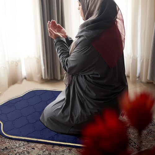 Muslim Prayer Rug with Tasbih Prayer Beads, Soft Memory Foam Prayer Matt Islam, Padded Islamic Prayer Mat Thick for Men and Women, Janamaz, Sajadah (25.6" x 43.3", Navy Blue) - color: Navy Blue