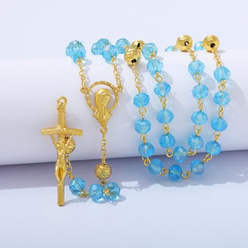 KOMI Crystal Rosary Beads with Jesus Crucifix, Catholic Necklace for Women First Communion Rosarios Wedding Rosary with Velvet Bag - style: 8MM-blue