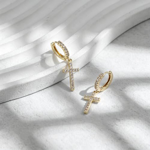 NEWITIN CZ Cross Earrings for Men Women 14K Gold Plated Huggie Hoop Earring - color: Gold B
