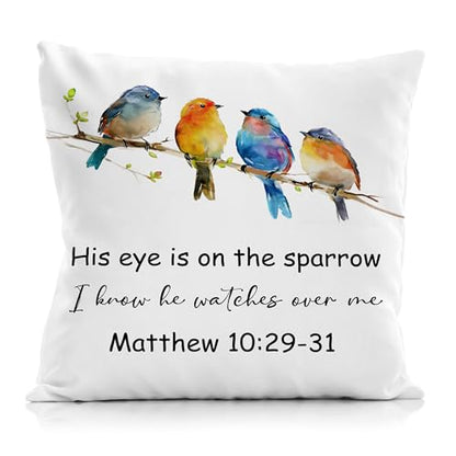 Christian Bird Pillow Cover 18x18, His Eye is on The Sparrow Matthew 10:29-31 Bible Verse Religious Decorative Throw Pillow Covers Cases for Church Prayer Room Home Living Room