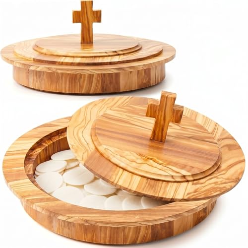 Zhehao 1 Pcs Wood Communion Bread Plate for Church Holy Communion Wafer Tray with Lid Elegant Worship Serving Plate for Church Service Ceremony (Olivewood Style) - style: Olivewood Style