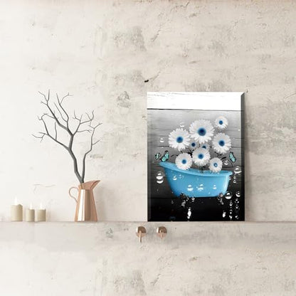 QPOKLAF Blue Bathroom Wall Art Canvas Prints Farmhouse Wall Deocr,Blue Tub Flower Posters Washroom Aesthetic Decoration 12x16inch Framed - color: Blue Tub Flower Farmhouse Wall Deocr (Ready to Hang)