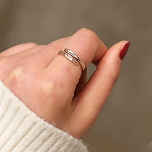 Faith Over Fear Cross Inspirational Rings for Women Daughter, Christian Blessed Hope Love Encouragement Rings Adjustable Open Tiny Purity Wrap Thumb Cross Ring Jewelry Graduation Cocktail Party - color: Rose Gold