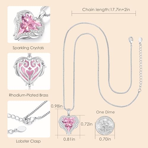 CDE Angel Wings Heart Birthstone Pendant Necklace Gift for Women - color: White-10-Opal Pink Birthstone
