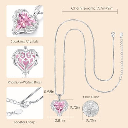 CDE Angel Wings Heart Birthstone Pendant Necklace Gift for Women - color: White-10-Opal Pink Birthstone