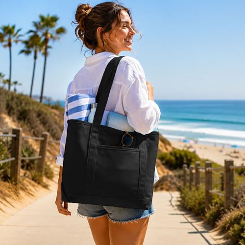 DALIX 20" Solid Color Cotton Canvas Shopping Tote Bag in Black - color: Black