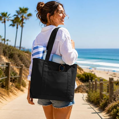 DALIX 20" Solid Color Cotton Canvas Shopping Tote Bag in Black - color: Black