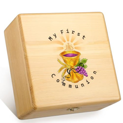 Wonderjune First Communion Wooden Keepsake Box First Holy Communion Gift Cross Rosary Jewelry Box Baptism Gift Memory Storage(Large)
