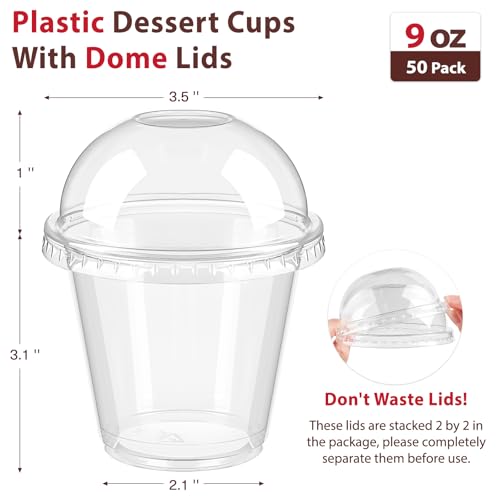 9 oz Plastic Dessert Cups with Dome Lids No Hole, 50 Pack