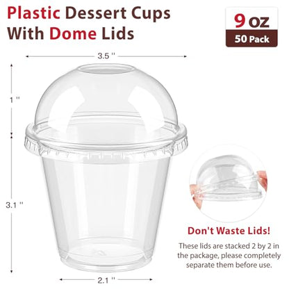 9 oz Plastic Dessert Cups with Dome Lids No Hole, 50 Pack