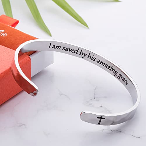 Carviell Bracelets for Women – 100+ Meaningful Engraved Messages – Solid 316L Surgical Stainless Steel Cuff Bracelet – Gift Ready - color: CHRISTIAN GIFT- I am saved by his amazing grace - SILVER