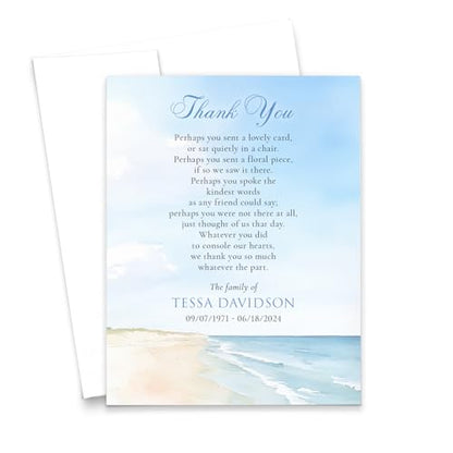 Modern Pink Paper Funeral Thank You Cards Beach Theme, FLAT Memorial Acknowledgement Card Ocean Themed, Sympathy Thank You Notes With Envelopes, Your Choice of Quantity and Envelope Color - color: Beach