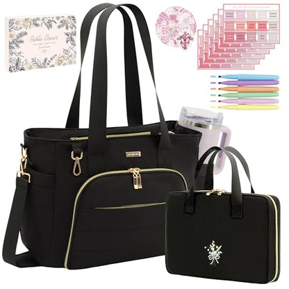 Large Bible Bag for Women, 2-in-1 Bible Tote with Detachable Embroidered Bible Cover & Study Supplies, Church Bible Study Bag, Gift-Ready Christian Gift for Women (Black) - color: Black