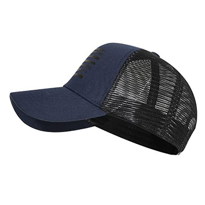 Baseball Cap, American Flag Trucker Hat for Men Women, Breathable Adjustable Fit Outdoor Mesh Snapback Hats - color: Navy/Black Flag