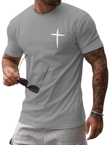 Mens Short Sleeve Cotton T-Shirts Crew Neck Jesus Cross Printed Shirts Faith Christ Shirts - color: Grey, size: Medium