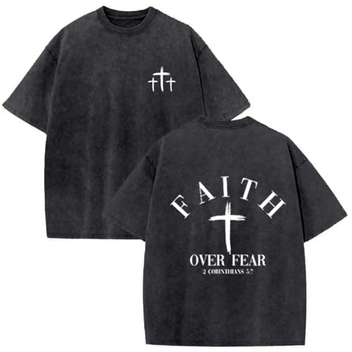 Christian Faith Over Fear Shirt for Men Cross God Oversized T-Shirt Inspirational Jesus Religious Short Sleeve Tops - color: Black, size: Large