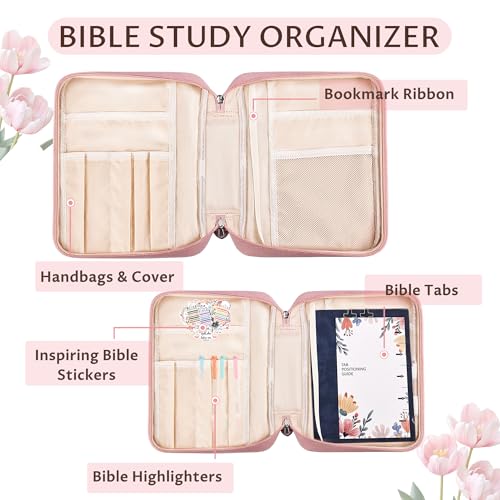 WOBAGMEN Bible Cover for Women,Pink PU Leather Personalized Bible Case with Bible Study Supplies,Including Tabs and Highlighter Set, Faith Chiristain Gift for Women Girls (Pink, D) - size: D