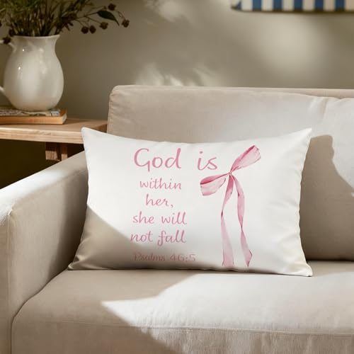 Christian Bible Verse Pillow Covers12x20, Coquette Room Decor, Psalms 46:5 Christian Decorative Throw Pillow Covers Pillowcases for Girls Bedroom Dorm Home Decor - color: Pink Bible(white04）