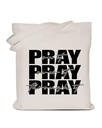 Women's Pray On It Pray Over It Pray Through It Canvas Tote Bag Religious Prayer Christian Gift Reusable Grocery Bag - color: White
