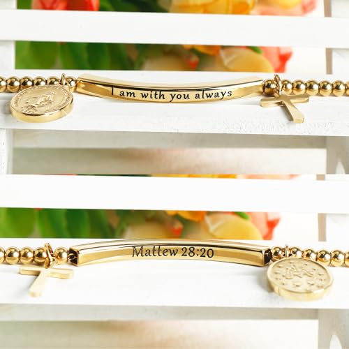 DS Women Christian Charm Bracelet,Cross Scripture Stainless Steel Jewelry - style: I am with you always-Gold
