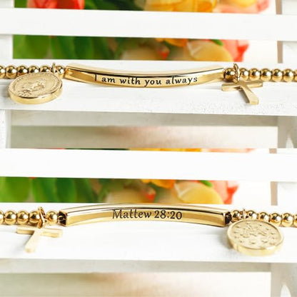 DS Women Christian Charm Bracelet,Cross Scripture Stainless Steel Jewelry - style: I am with you always-Gold