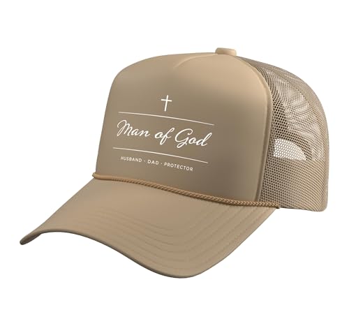 Father's Day Husband Dad Protector Christian Dad Man of God Trucker Hat with Adjustable Mesh Back - color: Khaki