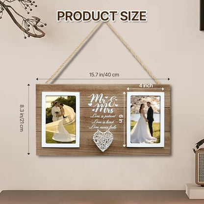 Wedding Gifts for Couples 2026, 15.7x8,3 Inch Mr & Mrs Wedding Frame Double Wooden Wedding Photo Frame Bridal Shower Gift for Bride to Be Personalized Newlywed Gifts for Couple, Engagement Gift for Bride