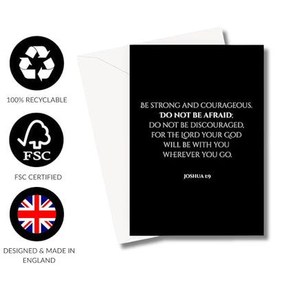 Inspiring Motivational Bible Verse Greeting Cards For Birthday, Retirement, Graduation, Sympathy, Strength, Mourning, Bereavement, Wedding Anniversary and Just Because For Christian Men and Women | Traditional Black and White Design (Joshua 1:9) - color: