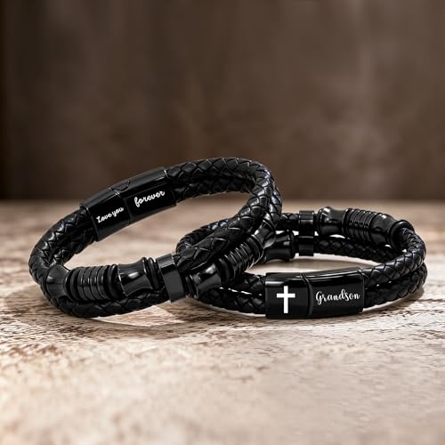 Christian Gifts for Mens Jewelry Black Double Layer Leather Cross Bible Verse Bracelets for Men, Teen Boys Religious Baptism Confirmation Gifts for Son Grandson Brother Teenages Gift Ideas - color: Grandson(8.27 Inch)
