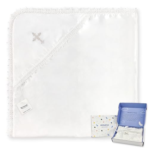 Silky Tencel Hooded Baptism Christening Blanket, Cross Gift, 40''x40 - color: White+ Minimal Cross