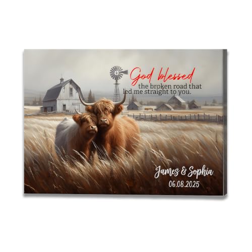 Ipplee Custom Highland Cow Wall Art, God Blessed the Broken Road for Couple - color: Design 01