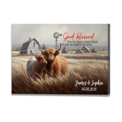 Ipplee Custom Highland Cow Wall Art, God Blessed the Broken Road for Couple - color: Design 01