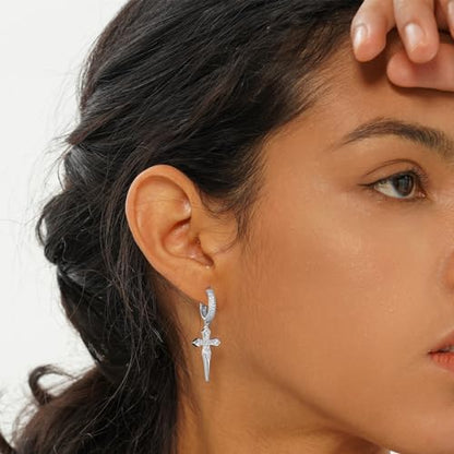 TOPGRILLZ Cross Hoop Dangle Earrings 925 Sterling Silver 5A+ Cubic Zirconia 14K Gold Hypoallergenic Cross Hoop Cuff Huggie Drop Earrings For Men Women - color: 14K Silver
