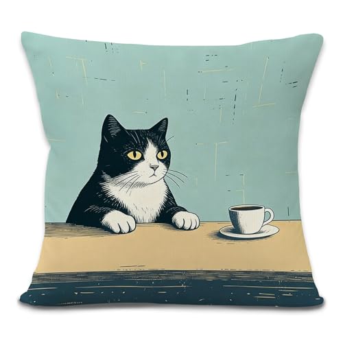 Funny Tuxedo Cat Coffee Throw Pillow Cover, Cat Lovers Gifts, Whimsical Kitten Drinking Coffee Decorative Pillowcases Cushion Cases for Home Bedroom Cafe Decor, 18x18 Pillow Cover - color: Cat Coffee