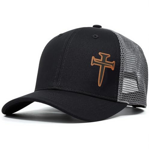 3D Embroidered Christian Hat for Men & Women, Jesus Faith Cross Hat, Religious Gifts for Christians Clothes - color: Leather - Black Silver