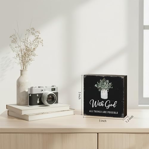 With God All Things Are Possible Wood Box Sign, Black, 5x5 Inch - color: Black-001